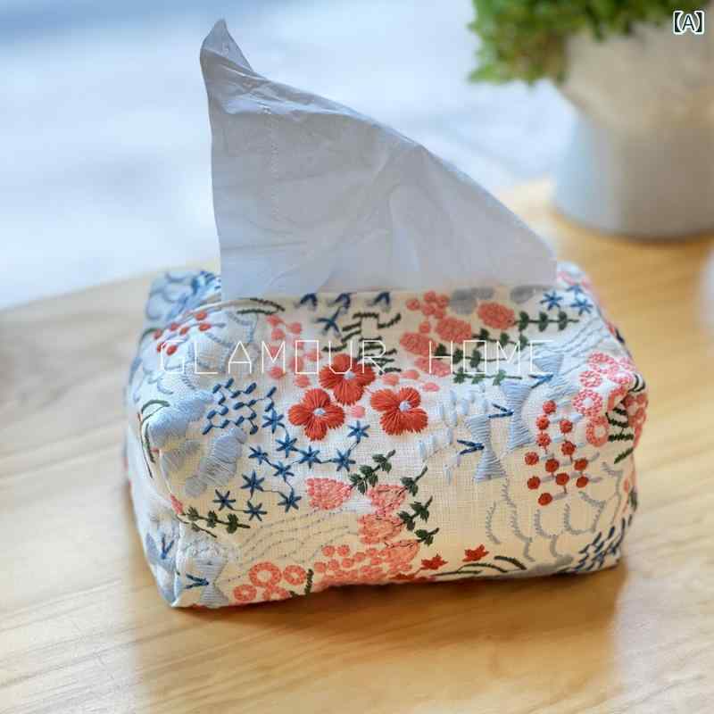 ティッシュケース 布製 綿素材 二層式 立体刺繍 凝った刺繍 リビング ダイニング 車載 卓上 おしゃれ ..