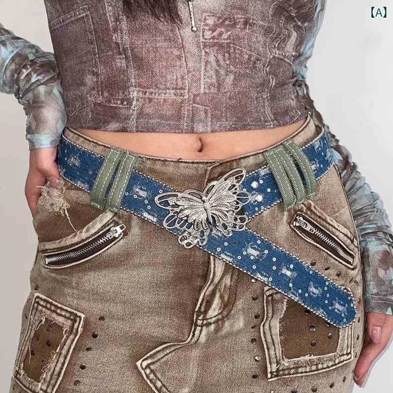 ウエストベルト レディース Y2K バタフライ 蝶々モチーフ 個性的 韓国ファッション デニムスタイル 万能 高級感 織物素材 青系 黒 電気メッキ加工 春夏
