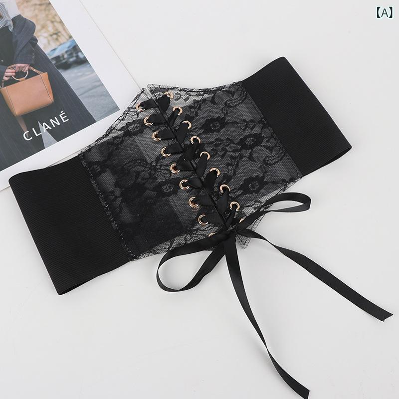 コルセット ベルト レディース レース 透明 ウエストマーク 太め ワイド 伸縮性 ストレッチゴム 結び紐 リボン ロリータファッション かわいい スカート ワンピース ドレス