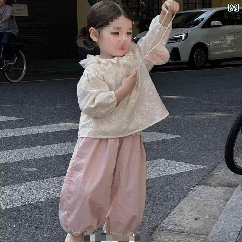 女士襯衫, 襯衫 - セットアップ 女の子 キッズ ベビー レトロ ヴィンテージ 刺繍 フリル襟 ラッフルカラー トップス レース パンツ 長袖 無地 春夏秋 うさぎ毛 普段使い カジュアル かわいい