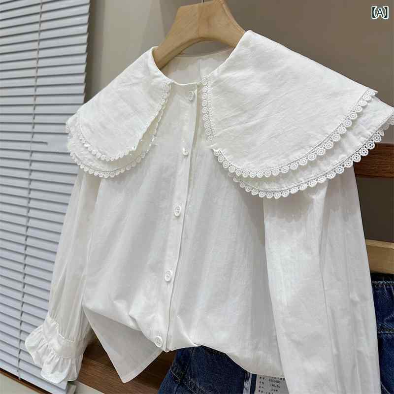 ブラウス 女の子 ガールズ ジュニア 小中学生 秋 長袖 スクール風 フリル襟 ラッフルカラー パフスリーブ バルーンスリーブ かわいい 上品 エレガント 白 無地 レース ラビット混 シャツ トップス