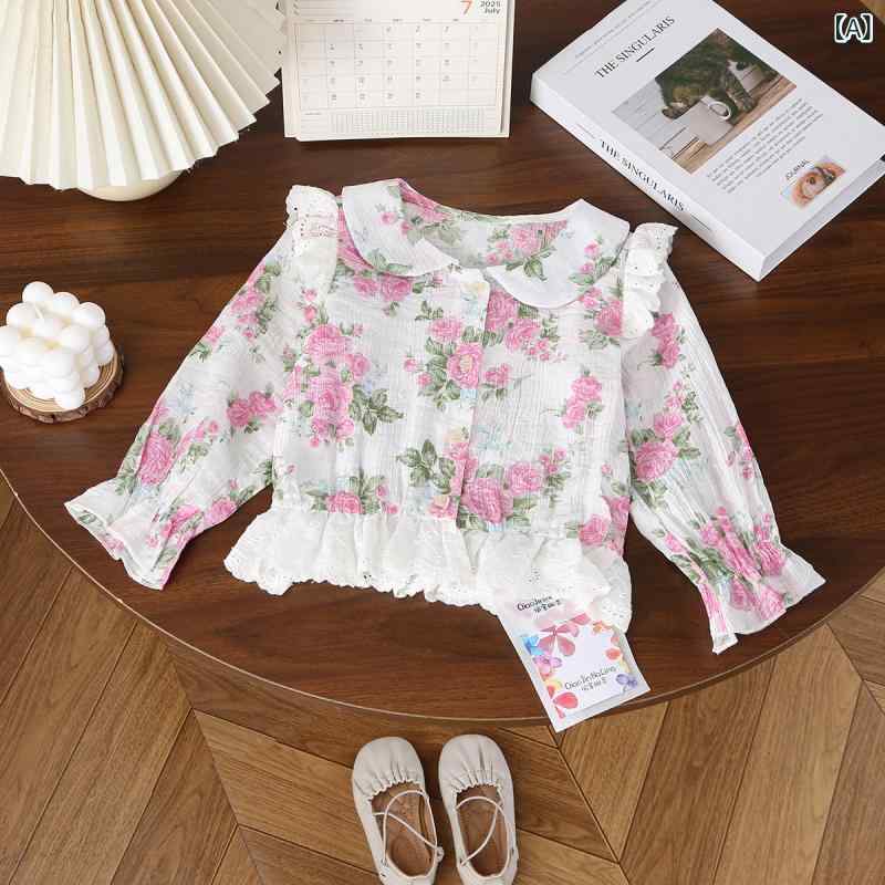 キッズ 女の子 秋服 おしゃれ 小花柄 長袖 ブラウス フリル袖 襟付き トップス 韓国風 カジュアル ピンク ホワイト やわらか素材