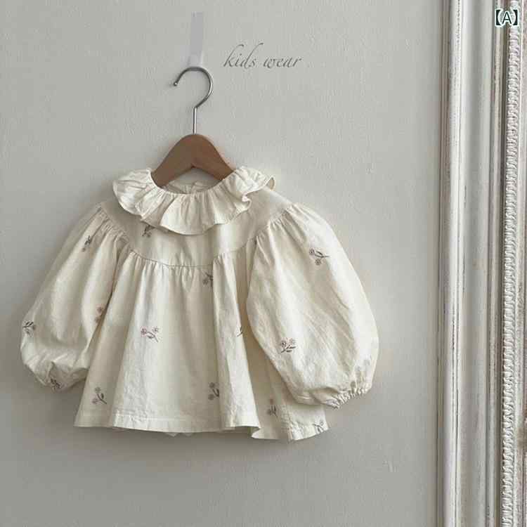 ブラウス 女の子 ベビー キッズ 春秋 韓国風 フリル襟 ドールカラー 丸襟 花柄刺繍 長袖 綿 柔らかい かわいい 子供服 お出かけ 普段使い