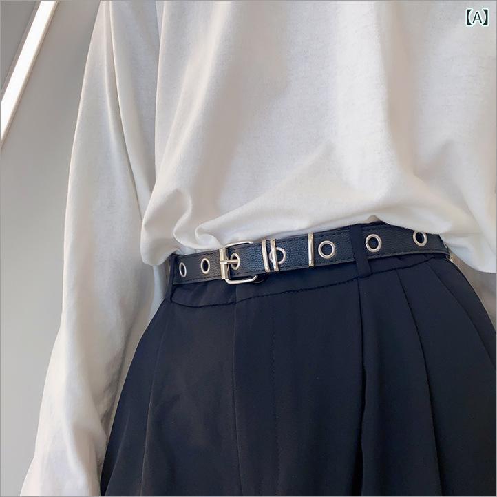 ベルト レディース ピンバックル リング バタフライ チェーン 全面ハトメ デザイン レザーベルト カジ..