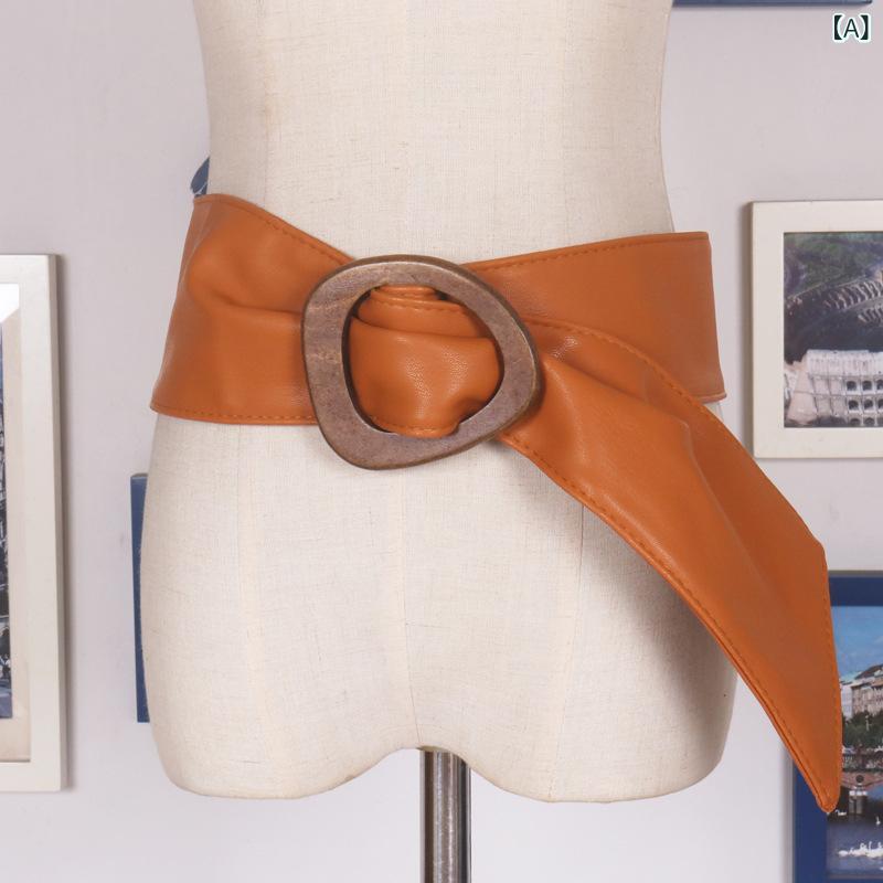 ウエストベルト レディース PUレザー 合成皮革 ダブルレイヤー 光沢感 ウッドバックル ワイド 太幅 ウエストマーク くびれ効果 細見え スカート Tシャツ ブラウス シャツ カジュアル おしゃれ ファッション