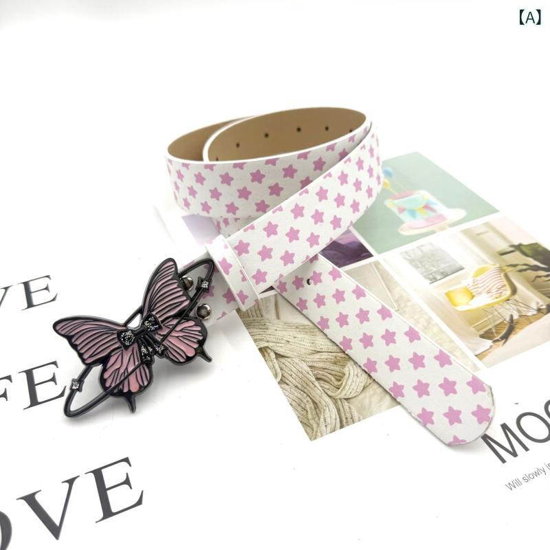 ベルト レディース 蝶々 バタフライバックル ラインストーン ジルコニア スター ドット柄 PUレザー 合..