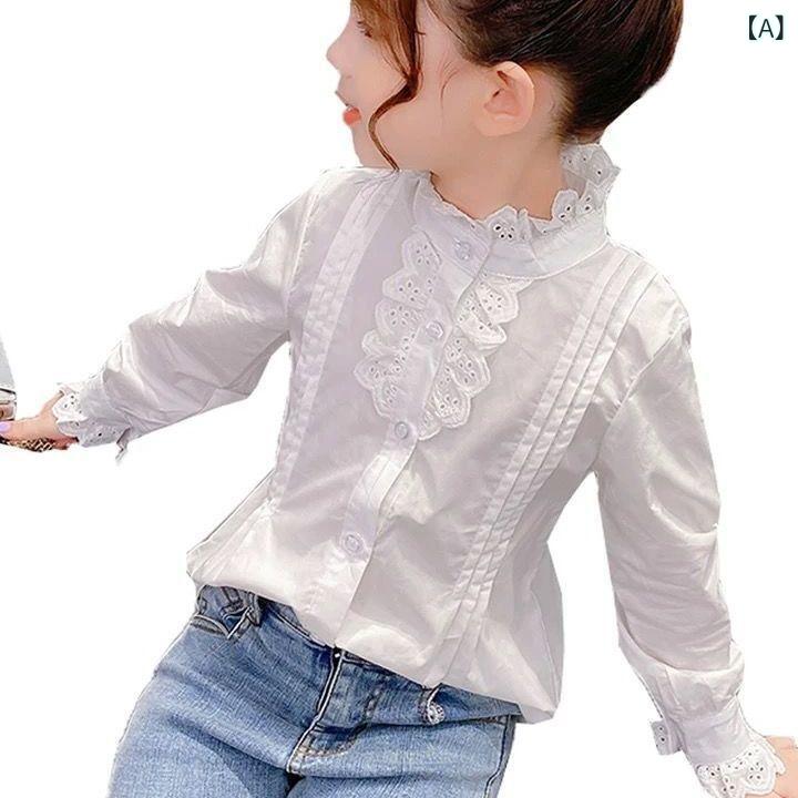 シャツ ガールズ 女の子 子供服 長袖 レース フリル メロウ加工 プリンセス風 かわいい インナー トップス 白 綿 コットン 柔らかい 丸首 クルーネック 春秋