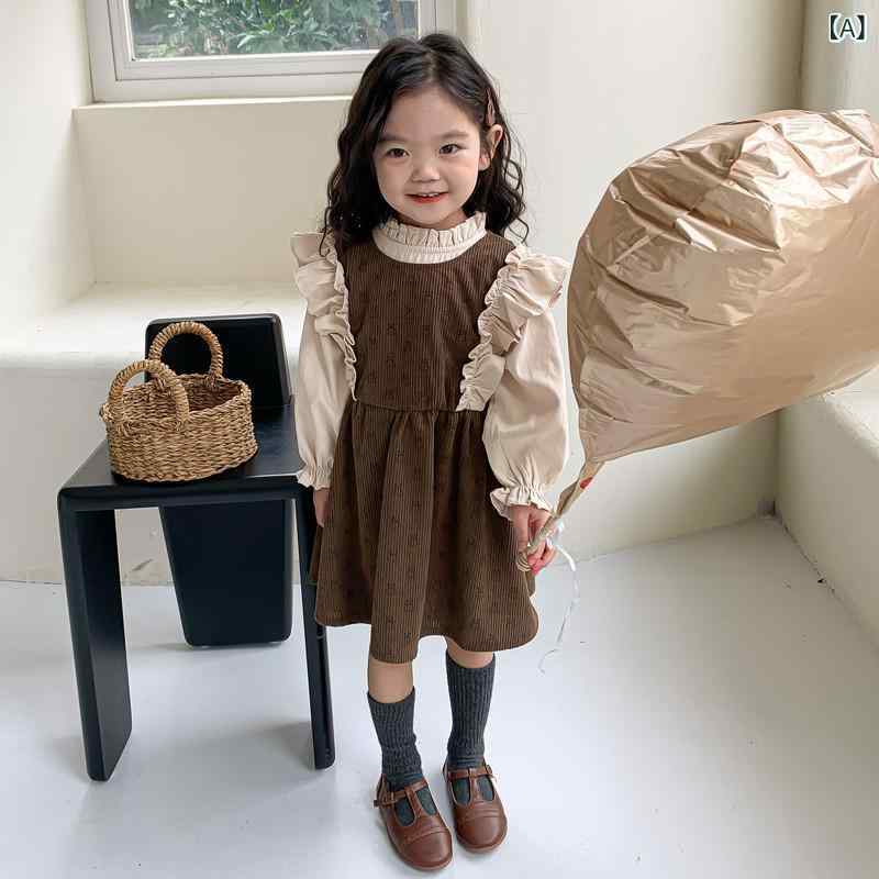ワンピースセット 女の子 ガールズ 秋物 春秋 韓国風 コーデュロイ ジャンパースカート 長袖シャツ プ..