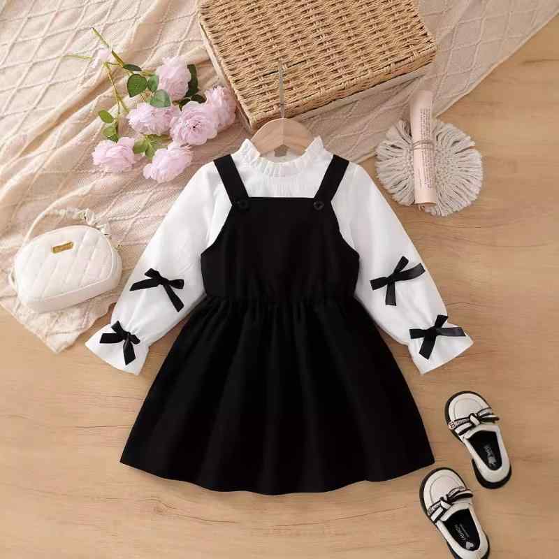 ワンピース 女の子 ガールズ ジュニア キッズ 秋冬 韓国風 カジュアル お出かけ 通学 普段使い リボン フリル襟 パフスリーブ 長袖 ジャンパースカート風 フリル裾 無地 ポリエステル 柔らかな肌触り 白