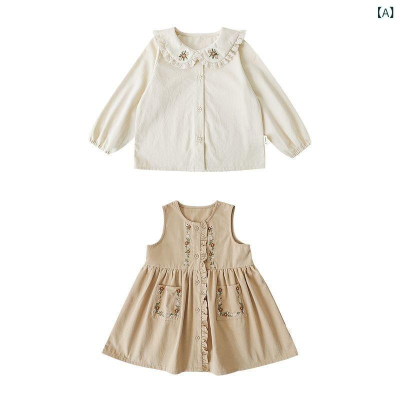 ワンピース 女の子 キッズ 春秋 ノースリーブ ジャンパースカート フリル 刺繍 ブラウス 2点セット 綿 ..