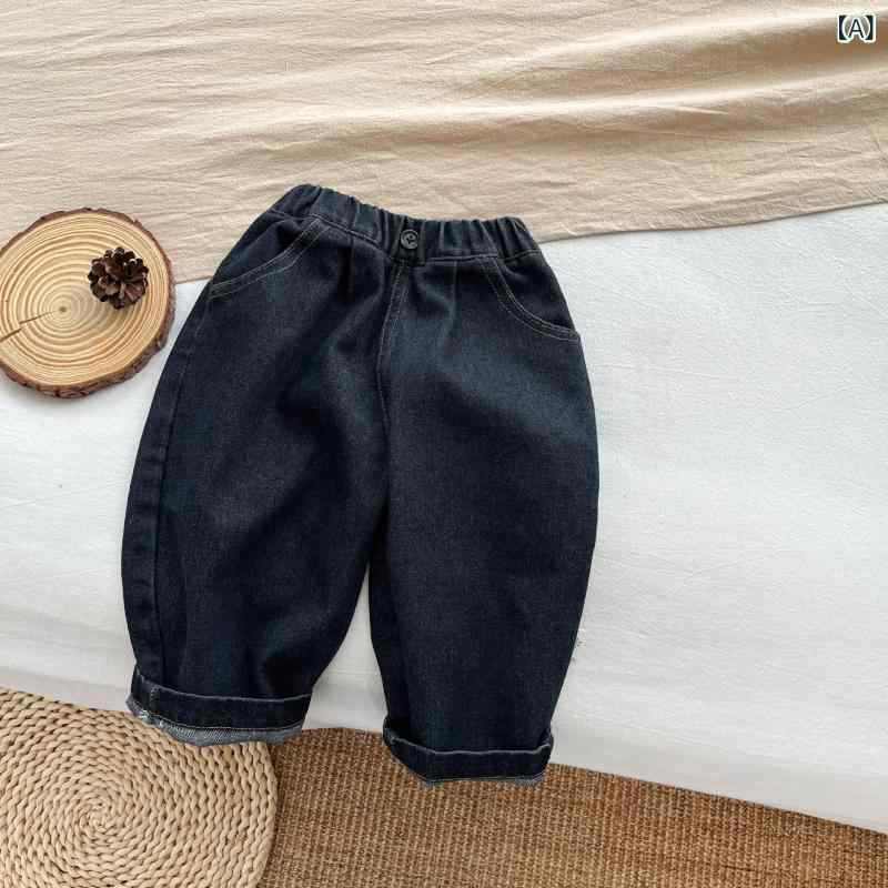 デニムパンツ キッズ ベビー 男の子 女の子 韓国風 個性的 レトロ ウォッシュ加工 シンプル 無地 ストレート ロング丈 綿 コットン ソフト加工 春秋 トレンド カジュアル
