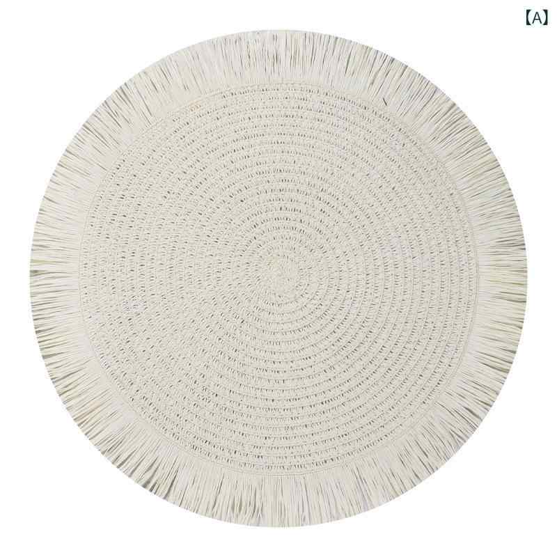 ランチョンマット 38cm 円形 丸型 紙製 ペーパーブレード編み フリンジ タッセル ダイニング 食卓 断熱..
