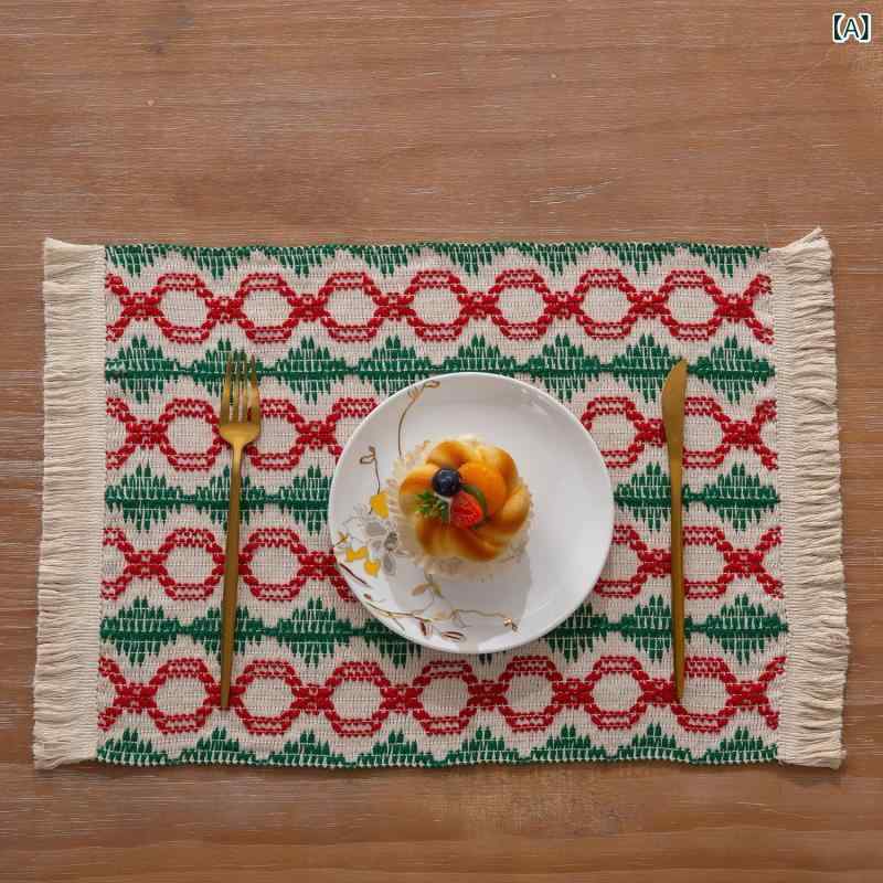 ランチョンマット クリスマス 秋冬 綿 コットン ポリエステル フリンジ 断熱シート 編み込み バイカラ..