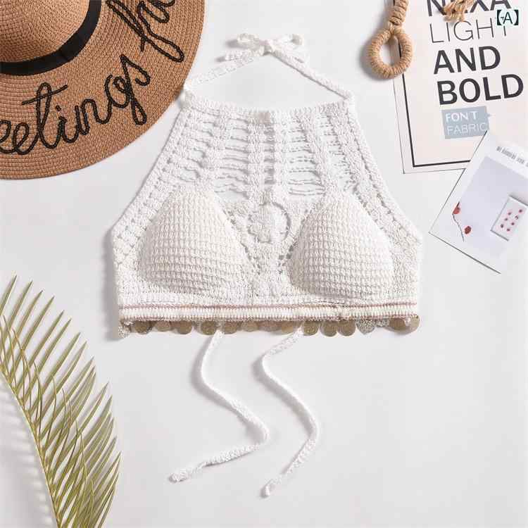 トップス レディース 春夏 綿 コットン ニット 刺繍 セクシー クロップド丈 キャミソール 透かし編み ..