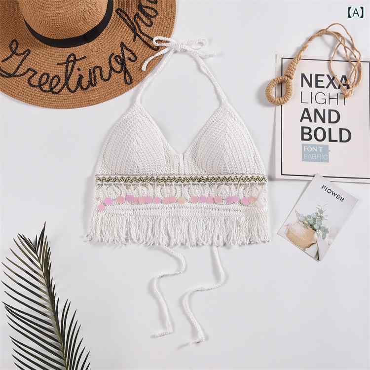 タンクトップ レディース ホルターネック かぎ針編み 透かし編み エスニック 幾何学模様 刺繍 ニット ショート丈 クロップド丈 インナー 重ね着 綿混 ストレッチ ボヘミアン 大人可愛い フェミニン カジュアル 春夏 トップス