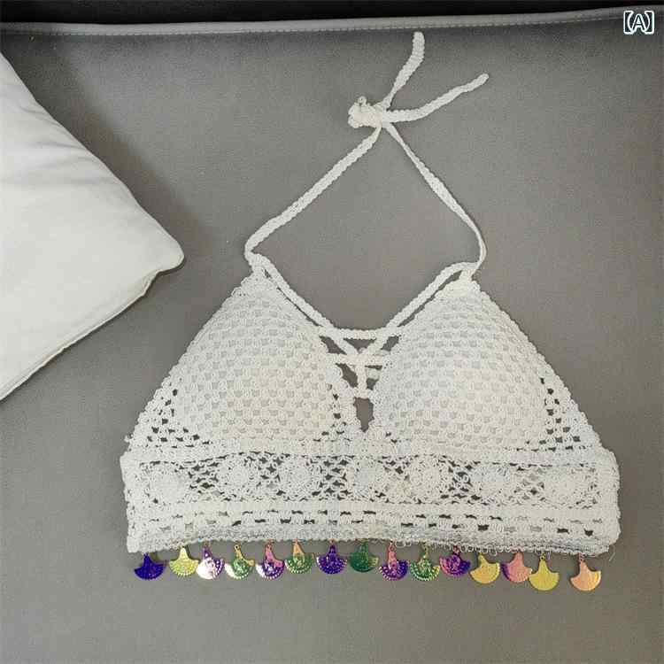 トップス レディース 女性用 透かし編み 刺しゅう ニット セクシー ショート丈 キャミソール インナー ..