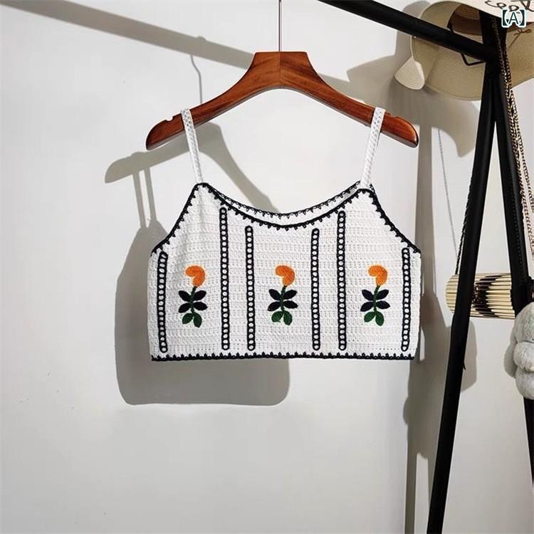 キャミソール レディース 花刺繍 透かし編み ニットトップス クロップド丈 ボヘミアンスタイル 春夏 コ..