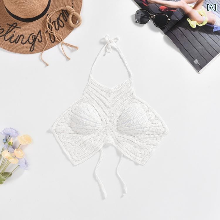 トップス レディース 女性用 ホルターネック キャミソール カップ付き バックオープン 透かし編み 刺しゅう ショート丈 スリム インナー 綿 コットン 伸縮性 セクシー 春夏