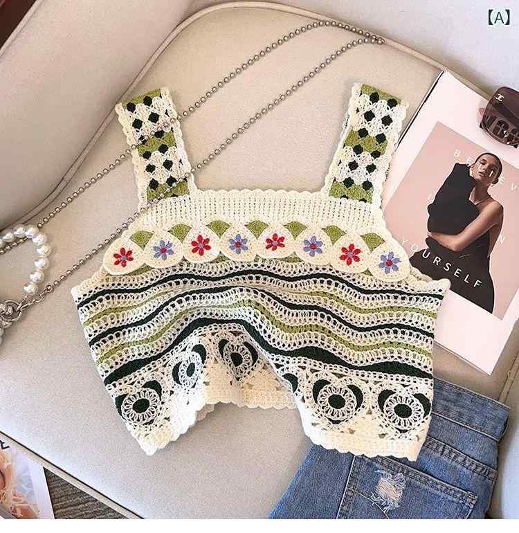 トップス レディース コットン ニット 刺繍 透かし編み セクシー ショート丈 キャミソール クロップド..