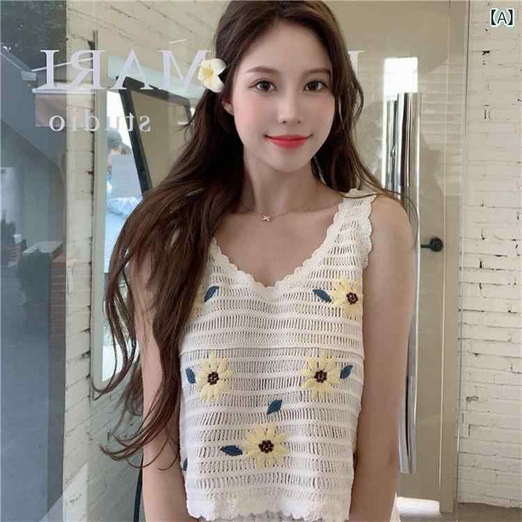 ニットベスト レディース 刺繍 透かし編み かぎ針編み クロシェ ノースリーブ ショート丈 重ね着 レイ..