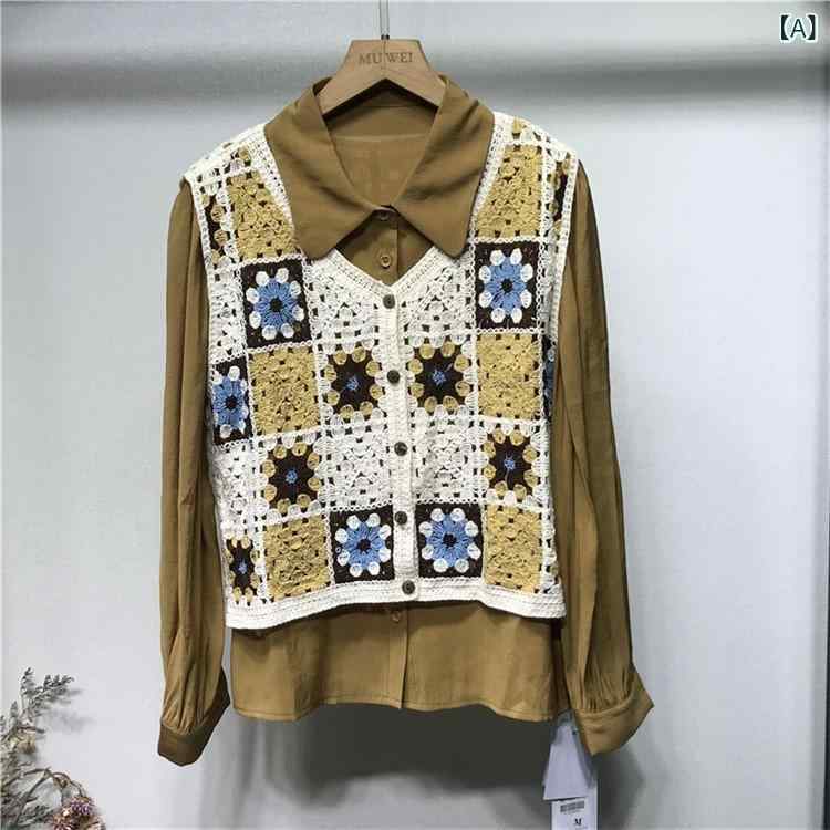 ベスト レディース エスニック 民族風 刺繍 かぎ針編み 透かし編み Vネック 前開き ノースリーブ ショート丈 ニット ジレ トップス 綿 コットン ゆったり 春夏 カジュアル