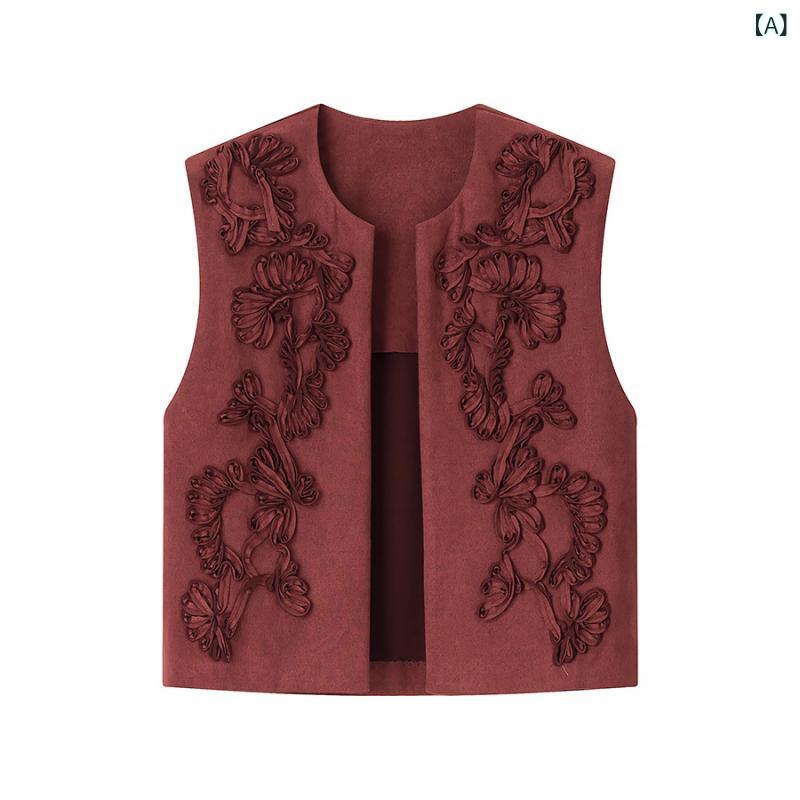 ベスト レディース 早秋 欧米 ファッション 刺繍 スエード調 高級感 上品な質感 シンプル カジュアル 着回し ジレ ラウンドネック ワインレッド ローズゴールド ストリート ミドル丈