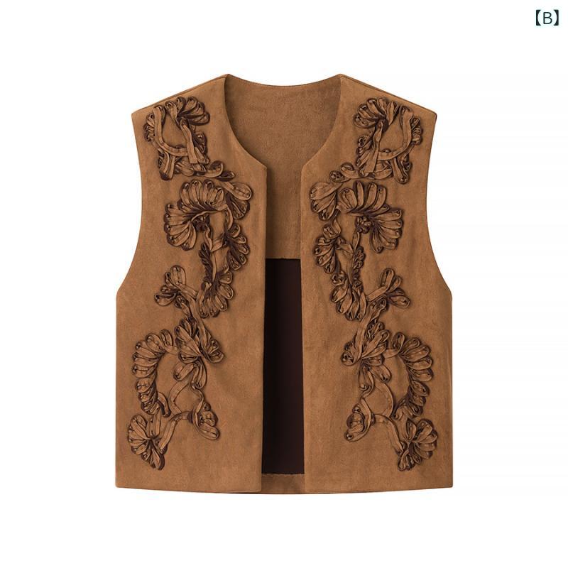 narukiのベスト レディース 早秋 欧米 ファッション 刺繍 スエード調 高級感 上品な質感 シンプル カジュアル 着回し ジレ ラウンドネック ワインレッド ローズゴールド ストリート ミドル丈｜アングル2