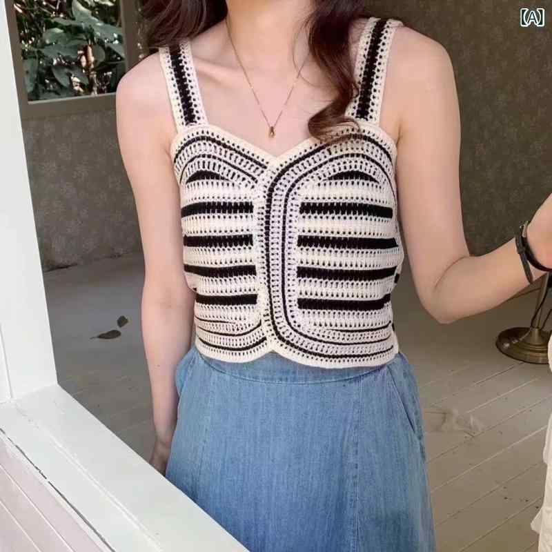 トップス レディース フレンチ レトロ デザイン ストライプ 透かし編みニット キャミソール タンクトッ..