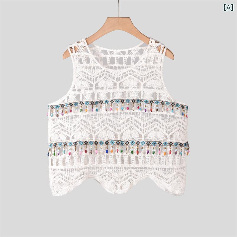 ニットトップス レディース 透かし編み 刺しゅう かぎ針編み ノースリーブ 綿 ビーズ装飾 ボヘミアン エスニック風 春夏 白 アイボリー ベージュ かわいい カジュアル レイヤード