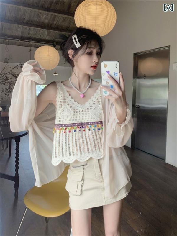 ニット レディース かぎ針編み 刺繍 透かし編み ノースリーブ ショート丈 ボヘミアン エスニック 綿 ア..