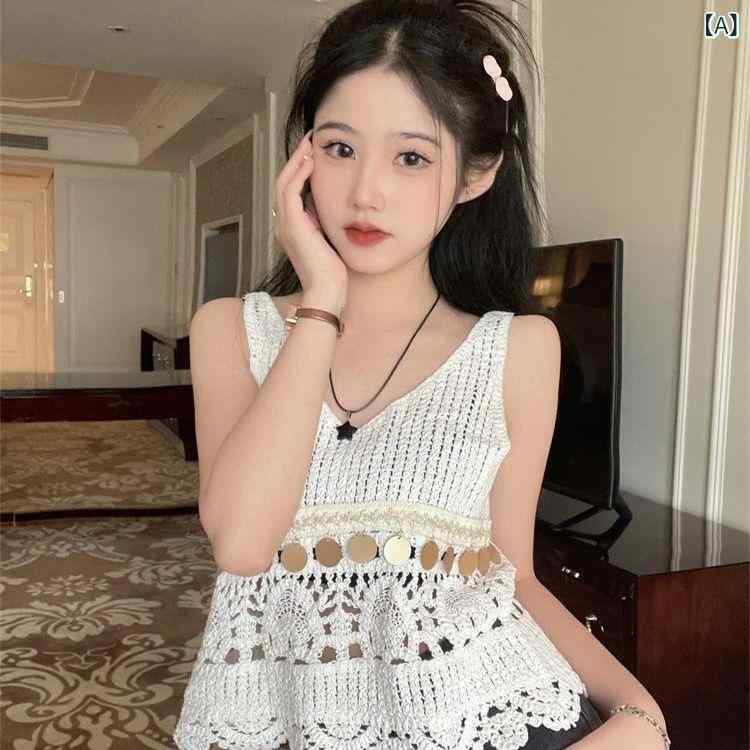 トップス レディース タンクトップ 刺繍 透かし編み クロシェ編み ノースリーブ ショート丈 ボヘミアン..