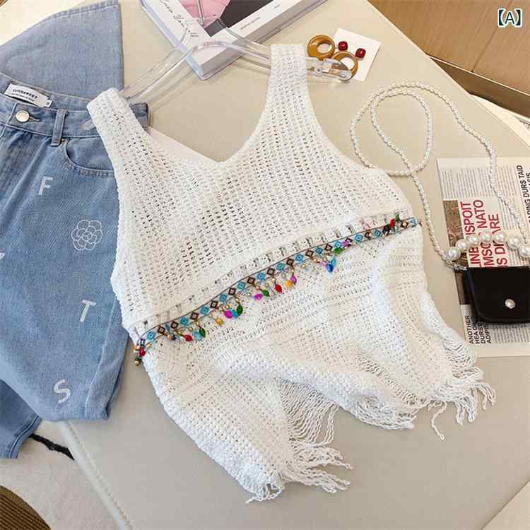 ビスチェ レディース 春夏 クロシェ編み 刺繍 透かし編み ショート丈 ノースリーブ ビーズ パール装飾 ボヘミアン エスニック コットン ニット トップス 普段使い リゾート