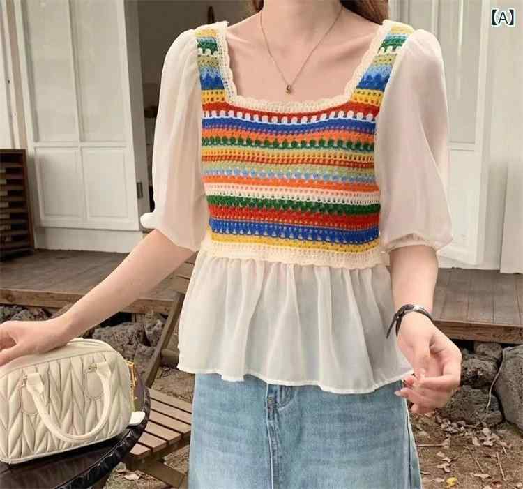 トップス レディース 女性用 シフォン ニット レース プルオーバー 半袖 刺繍 透かし編み ショート丈 ..