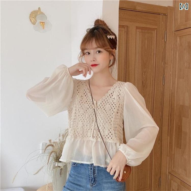 トップス レディース 女性用 ニット セーター 綿 コットン 春夏 Vネック 長袖 ランタンスリーブ 刺繍 ..