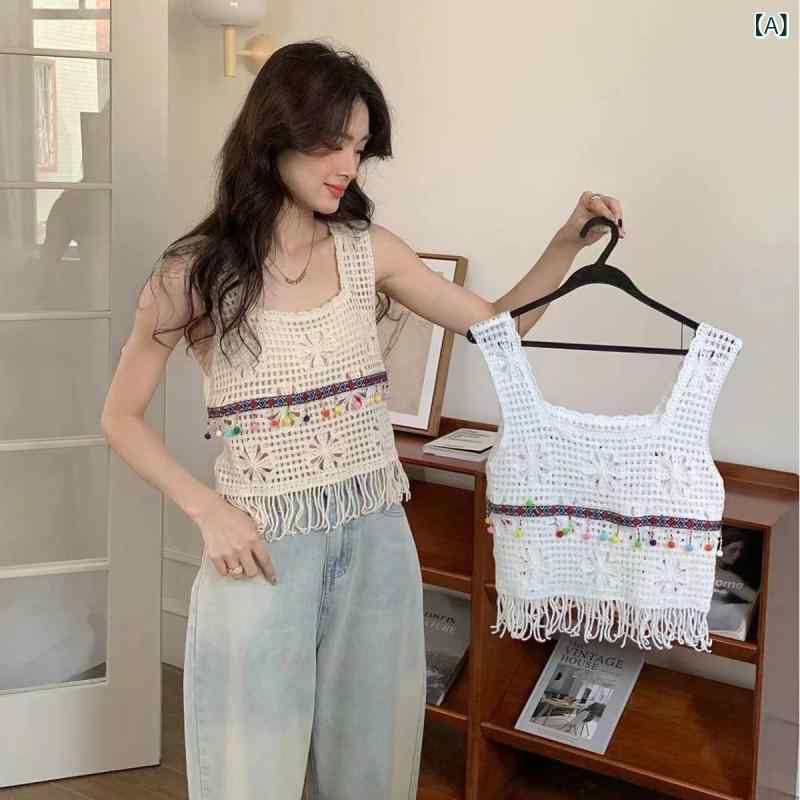 トップス レディース フレンチ 透かし編み クロシェット ニット キャミソール コットン 伸縮性 ゆった..