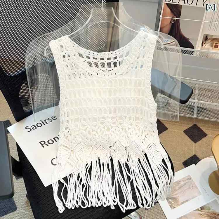 トップス レディース ニット 刺繡 透かし編み かぎ針編み ノースリーブ ショート丈 タンクトップ 綿 コ..