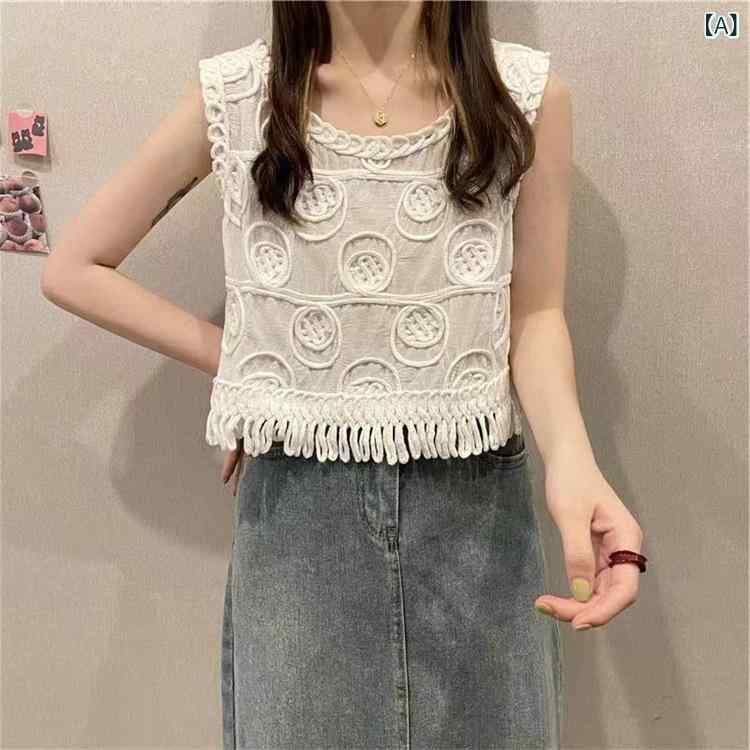 トップス レディース 民族風 ボヘミアン風 ニットベスト 刺繡 かぎ編み ショート丈 薄手 綿 コットン ..