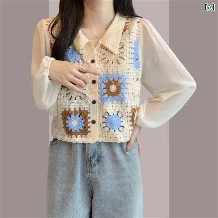 ニット カーディガン レディース 女性用 春夏 UVカット 日焼け対策 シフォン 切り替え 長袖 ショート丈 エスニック 民族調 刺繍 クロシェ編み 透かし編み レース 花柄 Vネック ランタンスリーブ ゆったり 綿 コットン トップス 羽織り 普段使い