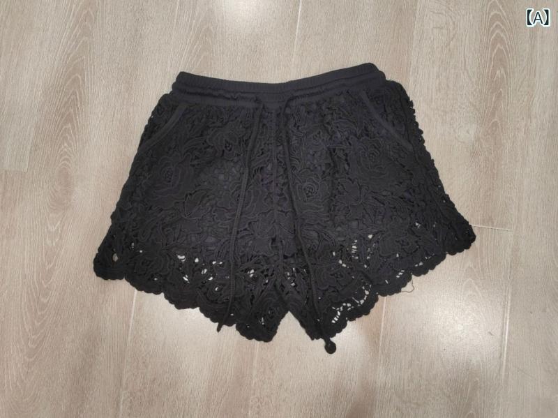 ショートパンツ レディース ニット 刺繍 レース 透かし編み ゆったり ルーズフィット 綿 コットン 透け..