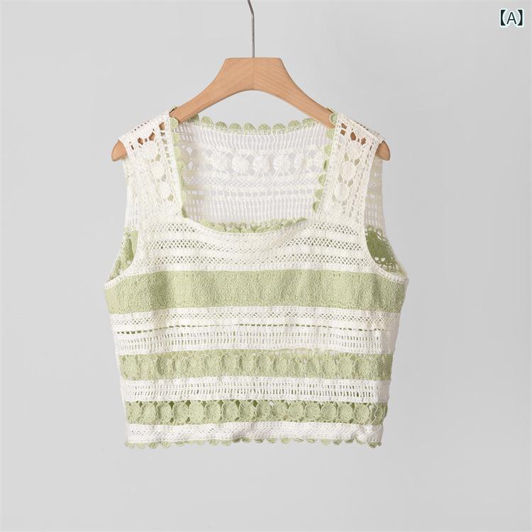 ベスト レディース 刺繍 サマーニット 透かし編み クロシェ編み ノースリーブ ショート丈 ゆったり コ..