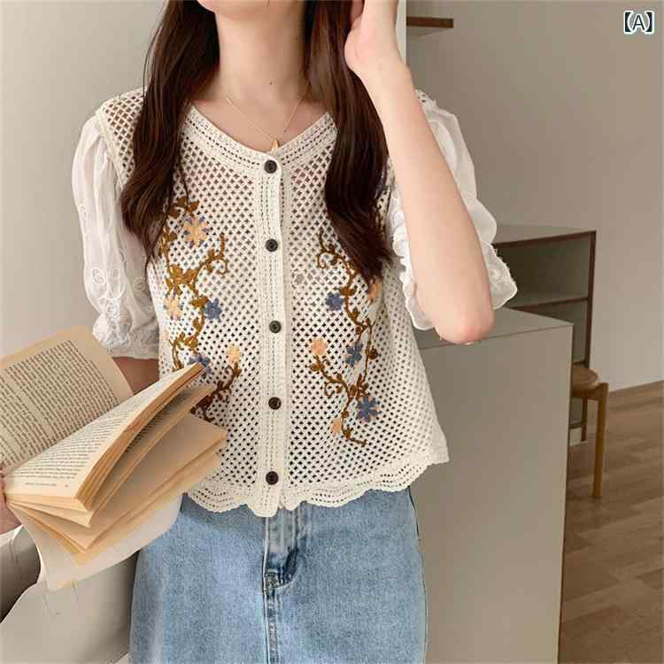 ニット レディース 刺繡 UVカット 半袖 Vネック 薄手 ゆったり クロシェ編み 透かし編み ボヘミアン エ..