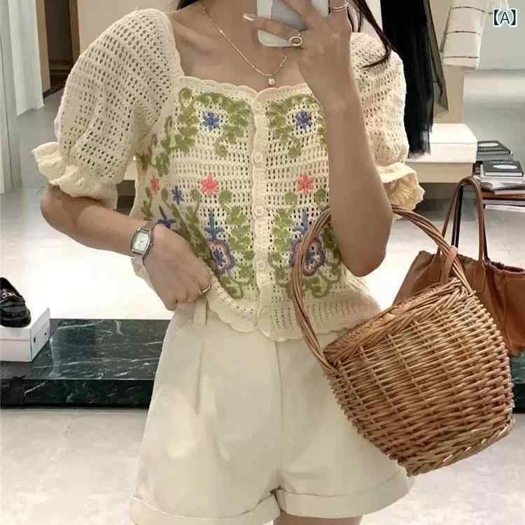 ニット レディース 韓国風 おしゃれ デザイン カーディガン Vネック パフスリーブ ショート丈 クロップ..