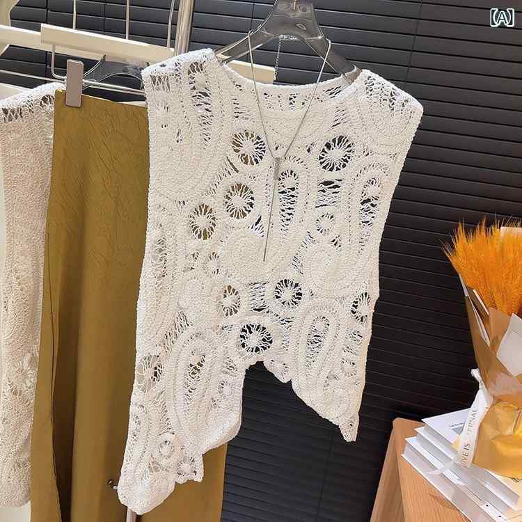 トップス レディース フレンチデザイン 個性的 ラウンドネック サマーニット クロシェ編み 透かし編み ..