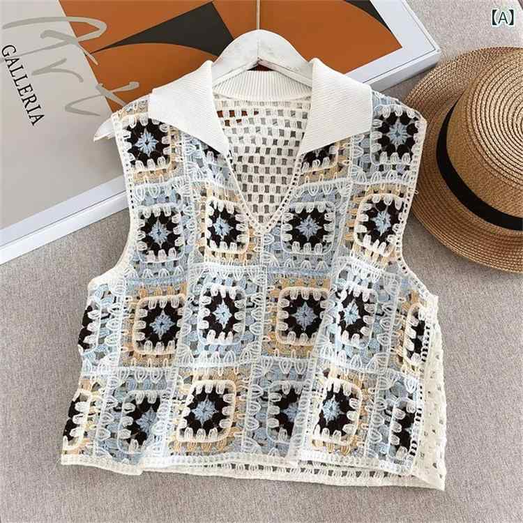ニット レディース 女性用 ノースリーブ プルオーバー ベスト Vネック 刺繍 透かし編み クロシェ編み ボヘミアン エスニック コットン 綿 薄手 ゆったり 通勤 普段使い 春夏