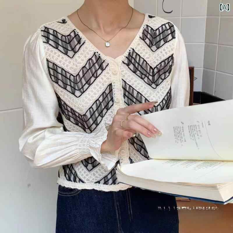 ブラウス レディース フレンチレトロ Vネック フレアスリーブ シフォン コットン かぎ編みデザイン ゆ..