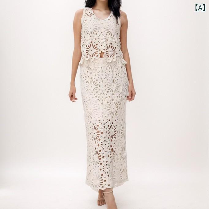 セットアップ レディース フレンチシック 透かし編み かぎ編み レース襟 ニット ノースリーブ トップス..