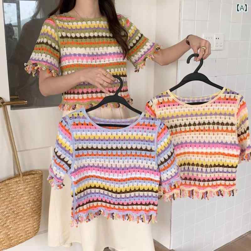 ニット レディース レトロ 個性派 デザイン性 透かし編み レインボーストライプ 五分袖 ショート丈 ラ..