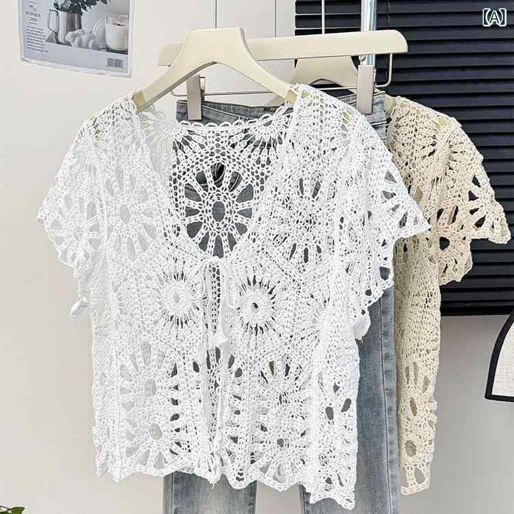 ニットカーディガン レディース 春夏 夏 薄手 シアー 透け感 花柄刺繍 透かし編み 半袖 ビーチ リゾー..