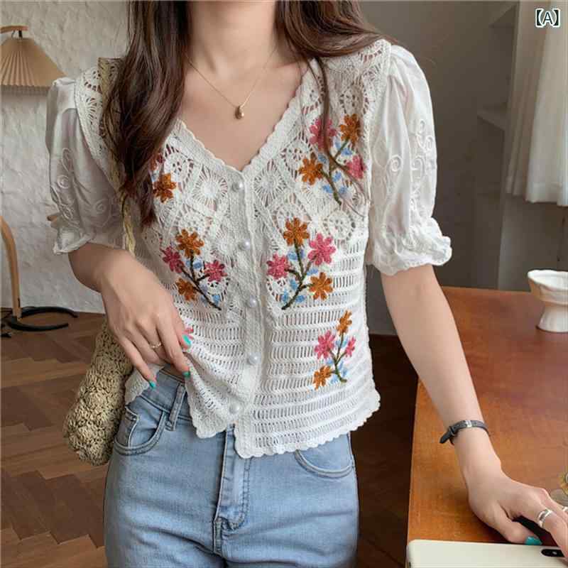 樂天商城 - ニット カーディガン レディース 春夏 Vネック 半袖 綿混 透かし編み クロシェ かぎ編み 刺繍 UVカット ボヘミアン エスニック 羽織り トップス