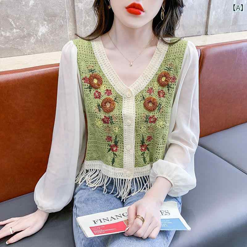 トップス レディース フレンチ Vネック 切り替え 透かし編み フリンジ シフォン ニットカーディガン 綿..